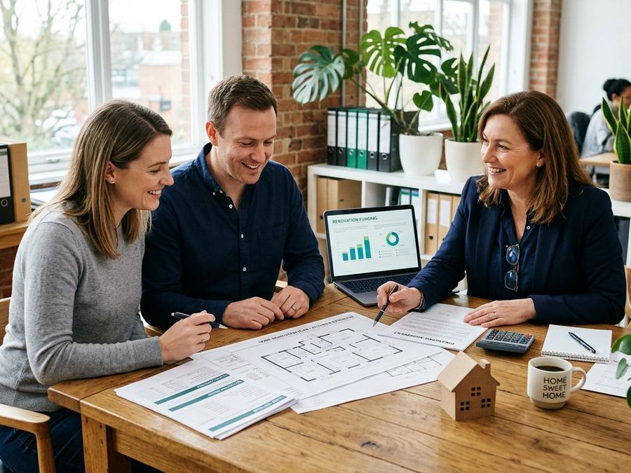Couple reviewing home renovation financing plans with an advisor