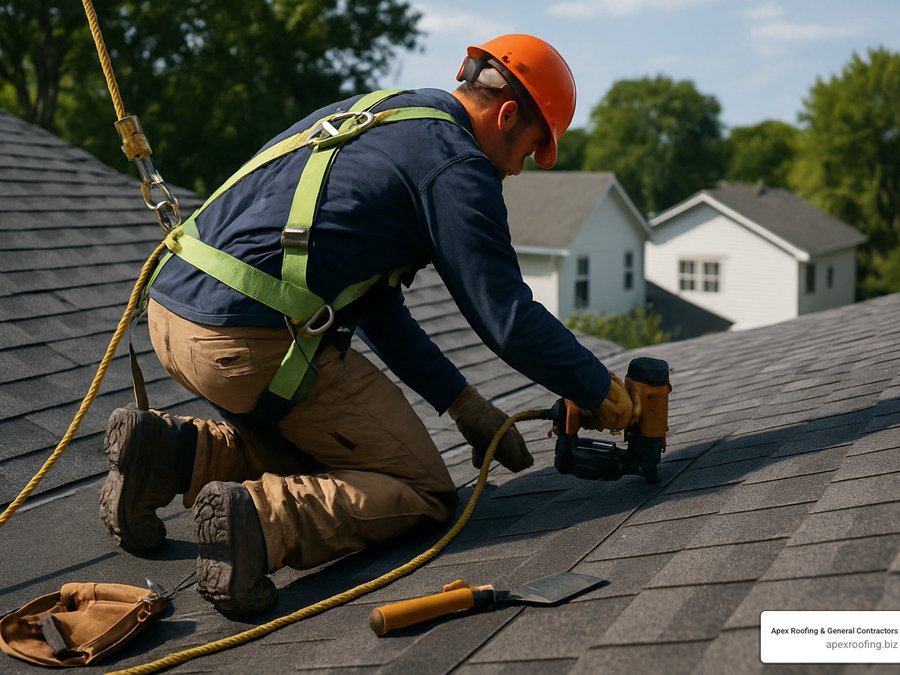 Professional roofer installing new architectural shingles